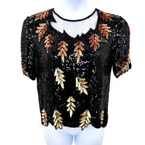 STUNNING VINTAGE ROYAL FEELINGS SEQUIN BEAD SILK LEAF SHORT SLV FORMAL TOP - L